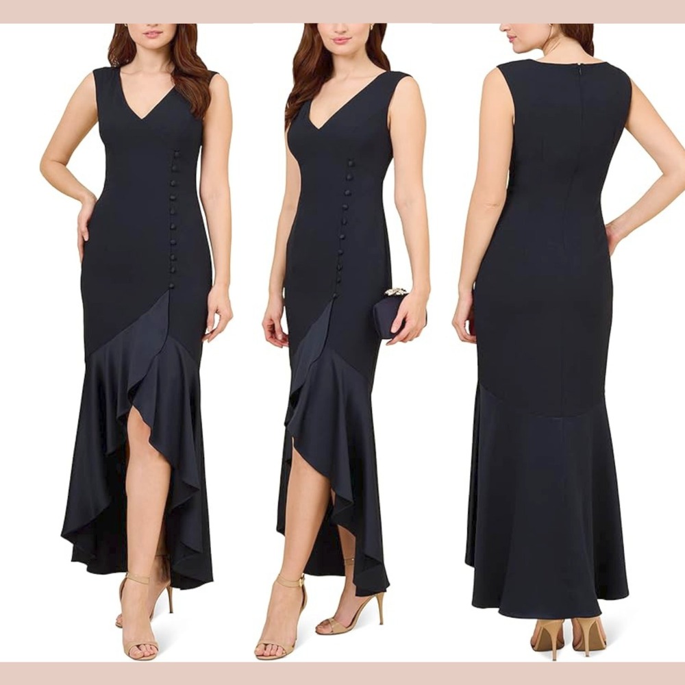 NWT‎ Adrianna Papell [ 16 ] Satin Crepe Button Hi Lo Ruffle Gown in Blue S2069